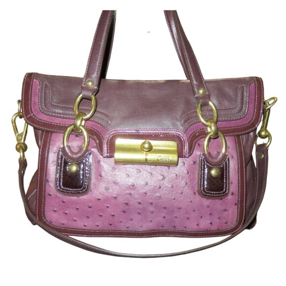 Coach 2011 Kristin Spectator Ostrich Embossed Mixed Leather Flap Purple Bag - Picture 1 of 15
